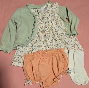 Baby Girl Floral Dress Set with Mint Cardigan and Peach Bloomers